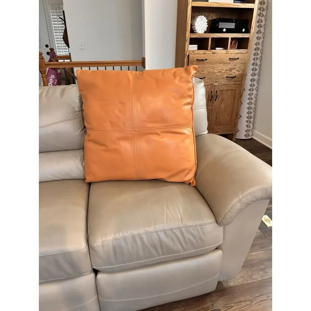 24” Cognac Genuine Leather Throw Pillow Modern Boho Luxe Couch Decor Insert